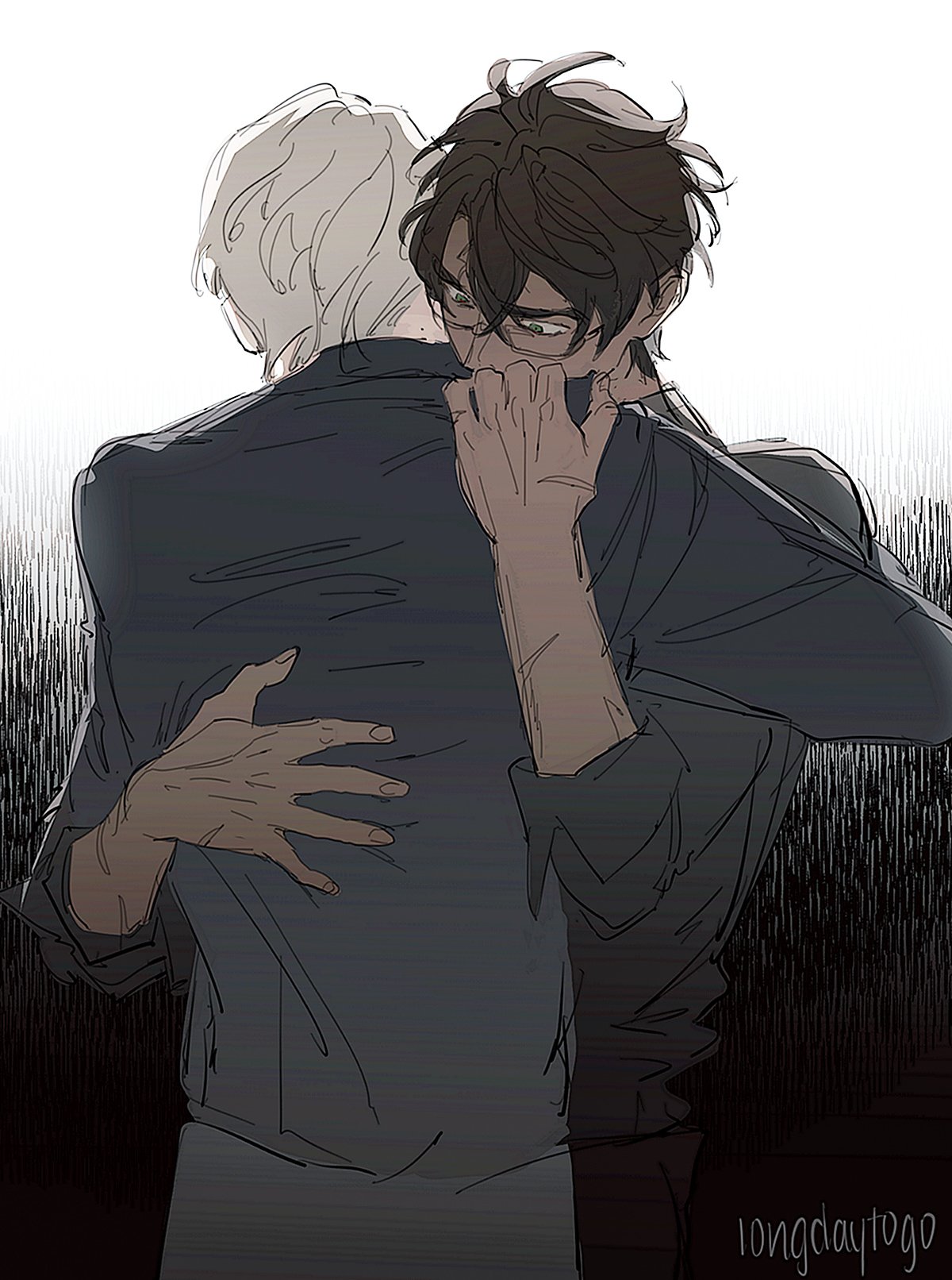 he image shows two young men embracing in a close hug.  the man with darker hair, wearing glasses, has his arms around the other man's shoulders and back, his head slightly bowed.  the man with lighter hair has his arms around the other's waist, his hands resting on his chest.  the style is reminiscent of manga or anime, with softly shaded lines and a focus on the emotion of the moment. the background is dark and textured, adding to the somber tone. the overall feeling is one of comfort, support, and perhaps a shared sadness or vulnerability.