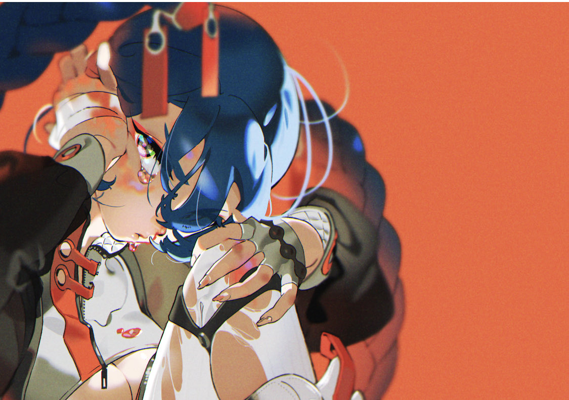 the illustration showcases a girl with vibrant blue hair, partially streaked with white, set against a striking orange backdrop. she sports a futuristic, somewhat cyberpunkinspired attire. the closeup perspective emphasizes the details of her face and attire. her expression is one of contemplation or perhaps slight melancholy. the lighting is dramatic, with a strong backlight that creates a volumetric effect. the overall palette is bold and eyecatching.