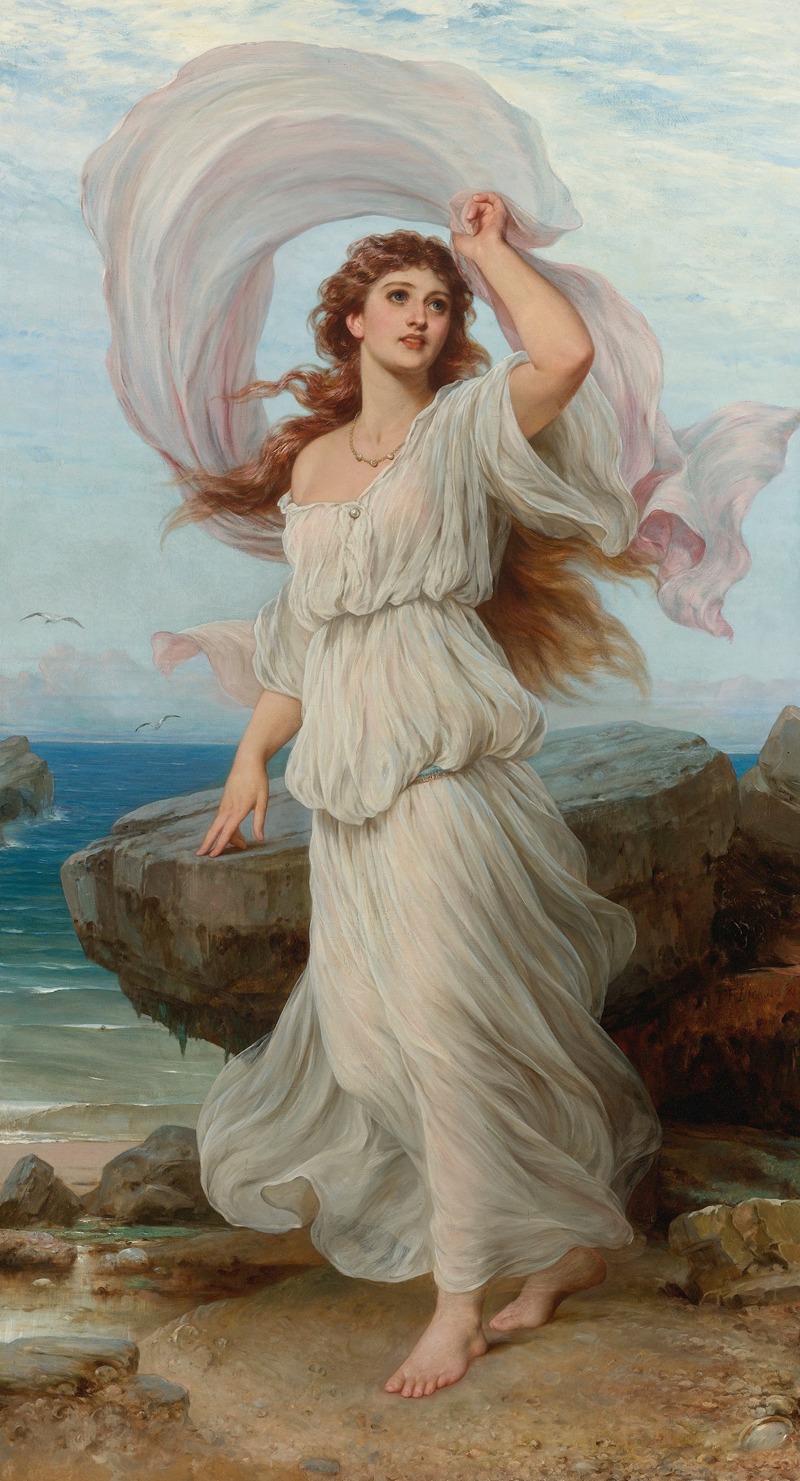a fulllength oil painting depicts a fairskinned woman with auburn hair walking barefoot on a beach. she wears a flowing, white, greekstyle dress and holds a large, sheer scarf that billows in the wind. the background includes a rocky coastline, the ocean, and a pale blue sky. the artwork is reminiscent of the preraphaelite and classical styles, with attention to detail and a sense of serene beauty.