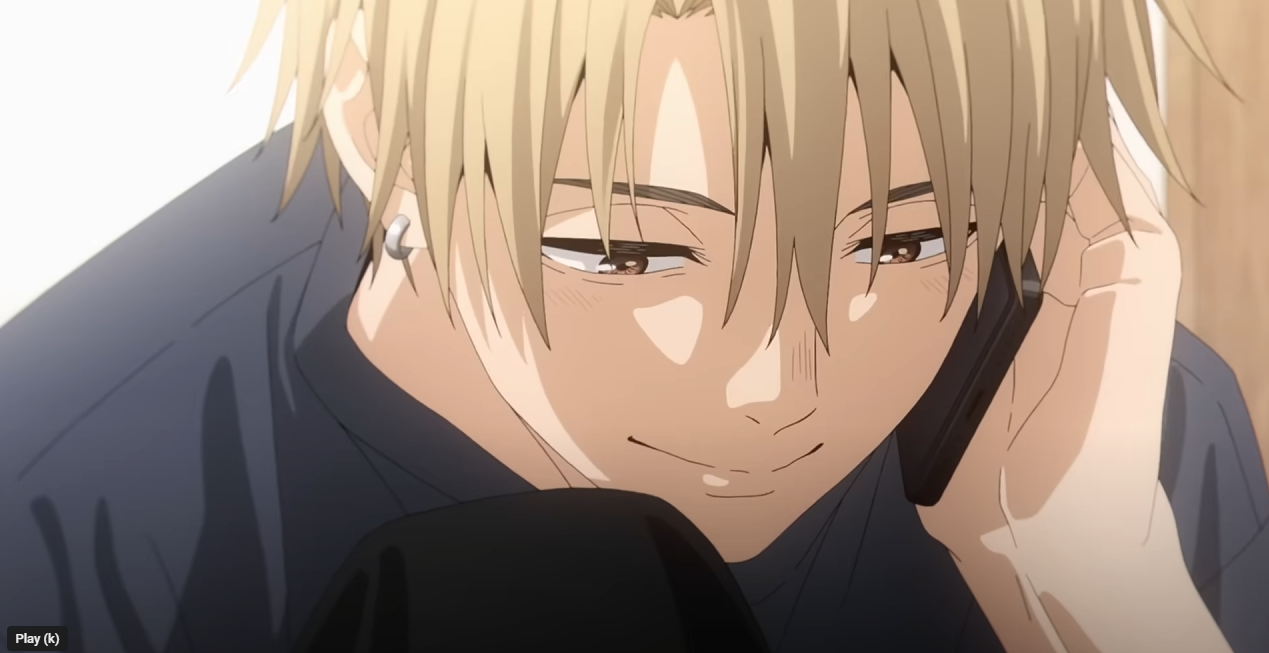 loseup illustration of a young animestyle boy with blond hair, smiling gently as he holds a phone to his ear. he's wearing a darkcolored shirt and has a small earring. the style is reminiscent of manga and anime, with soft shading and a focus on expressive eyes and a subtle smile. the background is blurred and out of focus, drawing attention to the boy's face. the overall mood is calm and pleasant.