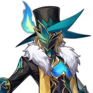 a male anime character wearing a blue hat with black and gold accents. he has a blue and black mask and a large, white fluffy collar. his suit is black and gold with a large blue symbol on the chest. he is looking off to the side. the character is drawn in a colorful, stylized art style and is set against a white background.
