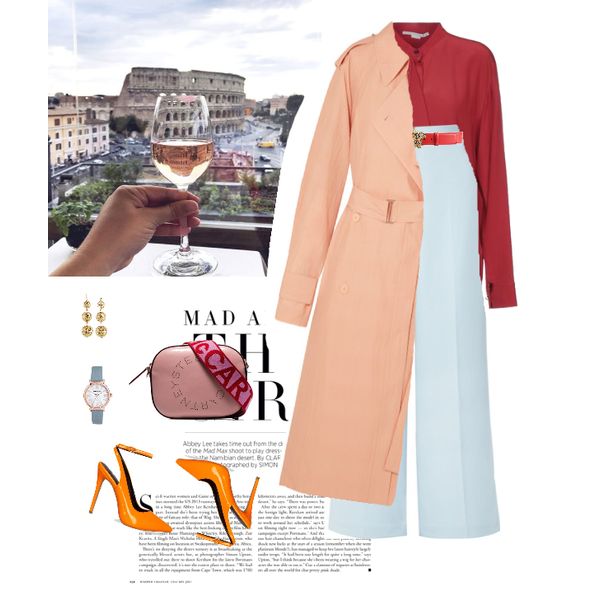 the image shows a collage of fashion elements against the backdrop of the colosseum. there's a hand holding a glass of rosé wine, and next to it is an outfit consisting of a twotone trench coat (peach and burgundy), a burgundy blouse, light blue palazzo pants, and a red belt. additional fashion items include gold earrings, a pink stella mccartney shoulder bag, a watch with a light blue strap, and orange high heels placed on a magazine page.