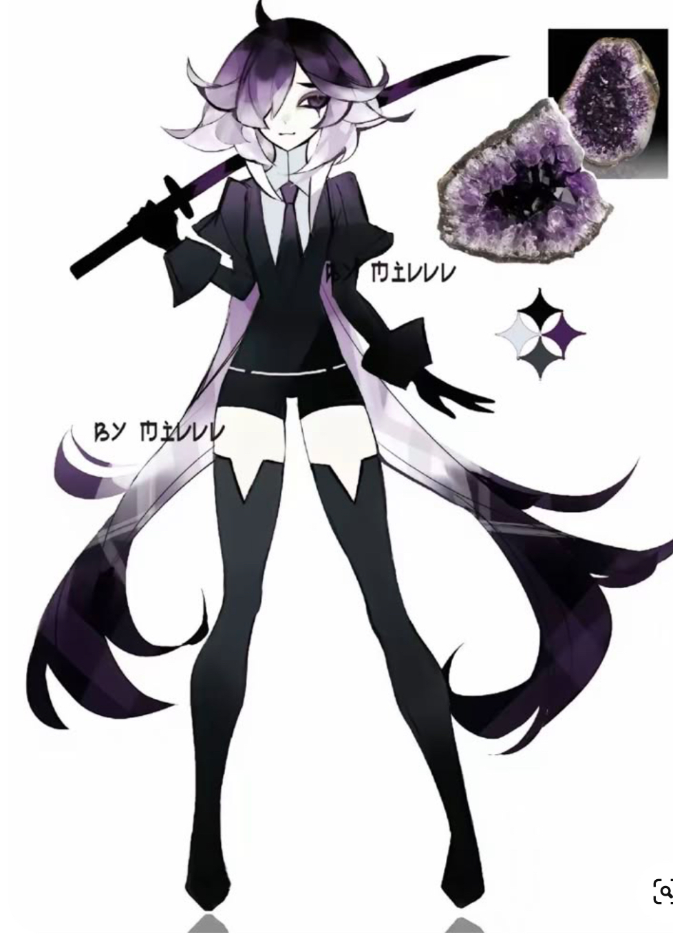the image is a character design illustration of an anime girl. she has long purple and black hair, pale skin, and is dressed in a black and purple outfit reminiscent of a gothic lolita style. she is holding a katana and has long black stockings.  the character is associated with amethyst, with geode illustrations presented to show the color palette.  there is japanese text next to the color palette. the style is sleek, dark and elegant.