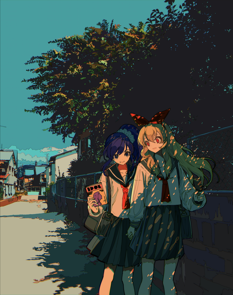 the illustration depicts two animestyle schoolgirls in sailor uniforms walking down a sundappled alleyway in a residential area.  one girl has blue hair and is carrying a magazine titled "idol". the other girl has blonde hair and a red bow.  the scene is set in the afternoon, with the sunlight casting shadows on the girls and the street. the art style is reminiscent of manga and features a vibrant color palette. the overall mood is peaceful and slightly melancholic.