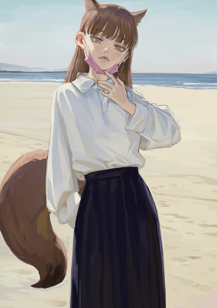 a digital drawing shows a woman with ears and a tail wearing a mask, long skirt and white shirt, standing on a beach.