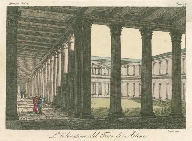 the image depicts an architectural elevation of the foro di atene (forum of athens), likely an engraving or illustration from a historical publication. the scene shows a long colonnade with numerous columns supporting a roof structure, creating a covered walkway. two figures stand in the foreground, seemingly engaged in conversation. beyond the colonnade, there's an open area with another building featuring similar architectural elements, including columns and multiple levels. the overall style is reminiscent of classical architecture from ancient greece or rome. the inscription "l'elevazione del foro di atene" indicates the subject matter. the inscription "europa vol.i" suggests the image is from a publication focused on european topics. the inscription "sasso inc." indicates the engraver or artist.