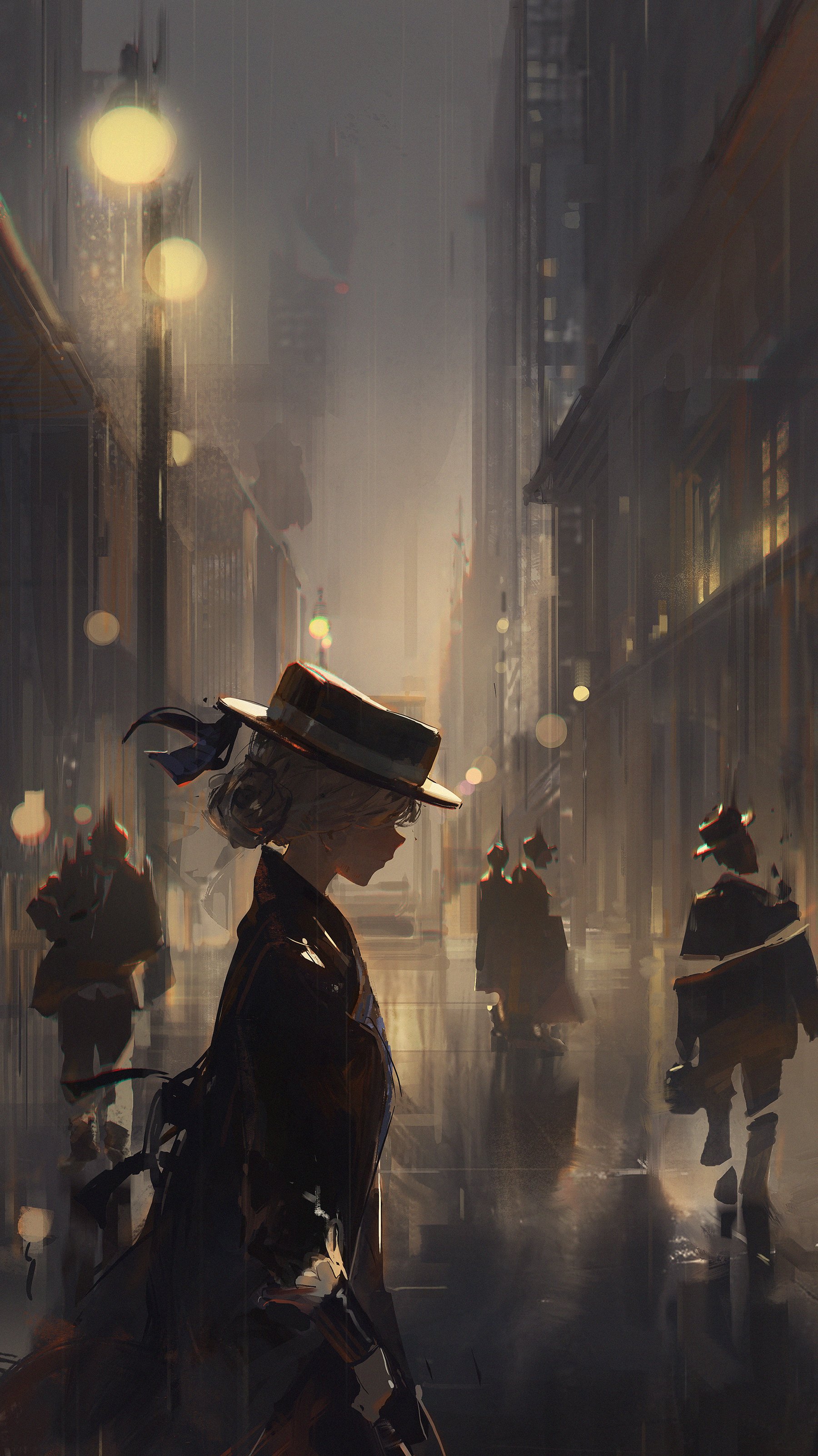 a woman in a hat walks down a dark, rainy street in a city. the alleyway is dimly lit, with only a few streetlights visible. the woman's face is obscured by the shadow of her hat. the scene is mysterious and atmospheric, with a sense of loneliness and isolation.  the illustration is drawn in a digital style, reminiscent of anime or manga art.