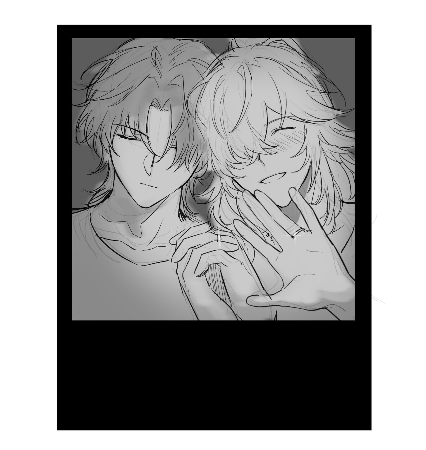 a black and white drawing of an anime couple inside a photo frame. the couple is looking at each other and holding hands. the man has short hair and is wearing a shirt. the woman has long hair and is wearing a dress. the drawing is done in a sketchy style, with rough lines and shading.