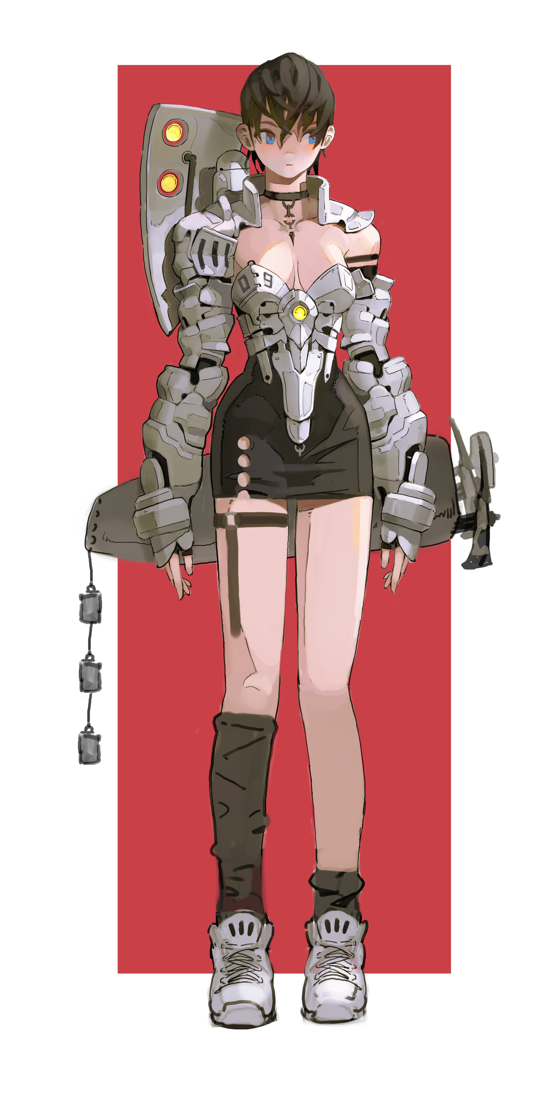 a fullbody illustration of a female character in a futuristic setting. she has short dark hair, pale skin, and is wearing a choker and a necklace with a cross pendant. she is dressed in a short black dress with thigh straps and a robotic armor over her chest and arms. the armor is predominantly white and gray with some yellow accents. she has black socks and white sneakers on her feet. behind her is a large mechanical backpack, and she is holding a weapon in her right hand. the background is a solid red color. the art style appears to be animeinspired.