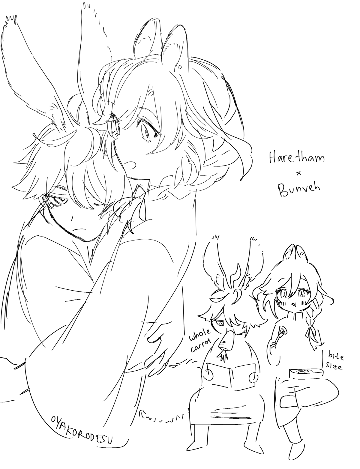 a black and white manga style illustration of two anime girls. one is a bunny girl with her arms wrapped around a normallooking girl with bunny ears. the bunny girl has a large carrot on her head and the normal girl is holding a small bitesized carrot. in the background are two more girls, a bunny girl and a normal girl, eating a large carrot and a bitesized carrot respectively.  all the girls are sitting and looking at each other.