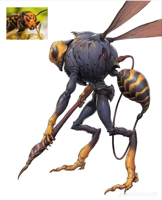the image shows a digital illustration of a humanoid hornet creature. the creature has a large hornet head, thorax, and abdomen. it stands on two legs with clawed feet and has two long, segmented arms, one of which holds a spearlike weapon. the creature's exoskeleton is rendered in shades of brown and black, with yellow stripes on the abdomen. the stinger is prominently displayed, connected to the abdomen by a flexiblelooking tube.  the background is white.