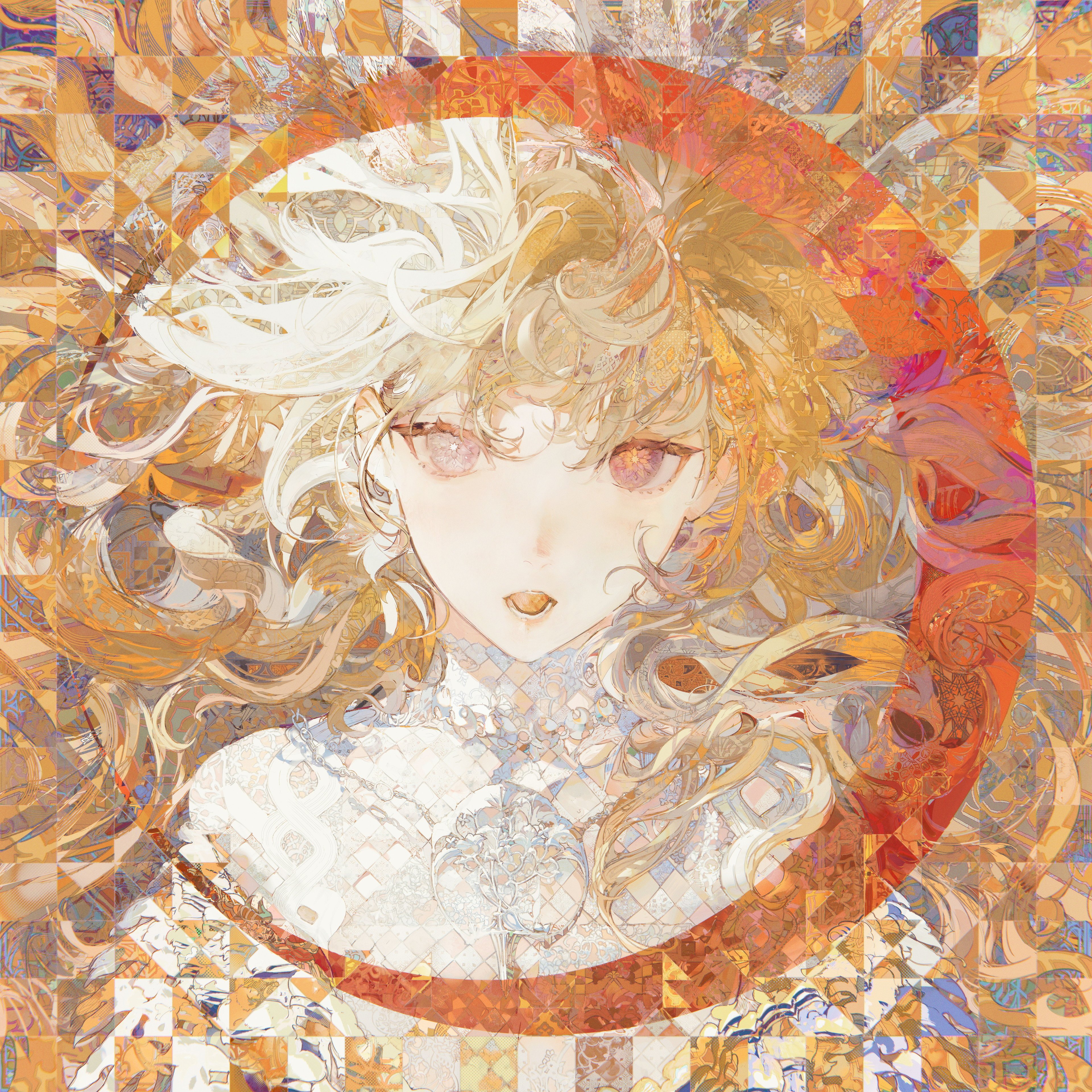 the image is a digital painting or illustration of an animestyle girl with long, flowing blonde and white hair.  her expression is serene and slightly mysterious. the artwork is highly stylized and features a complex blend of abstract and representational elements.  her attire appears delicate and ornate. she is framed within a large circular orange element which is set against a background composed of a mosaic of geometric shapes and patterns in warm, golden tones of orange, yellow, and white. the overall style suggests a blend of fantasy and possibly abstract art, characterized by very intricate details in both her hair and clothing, and the background design. the texture is rich and layered, creating a sense of depth.
