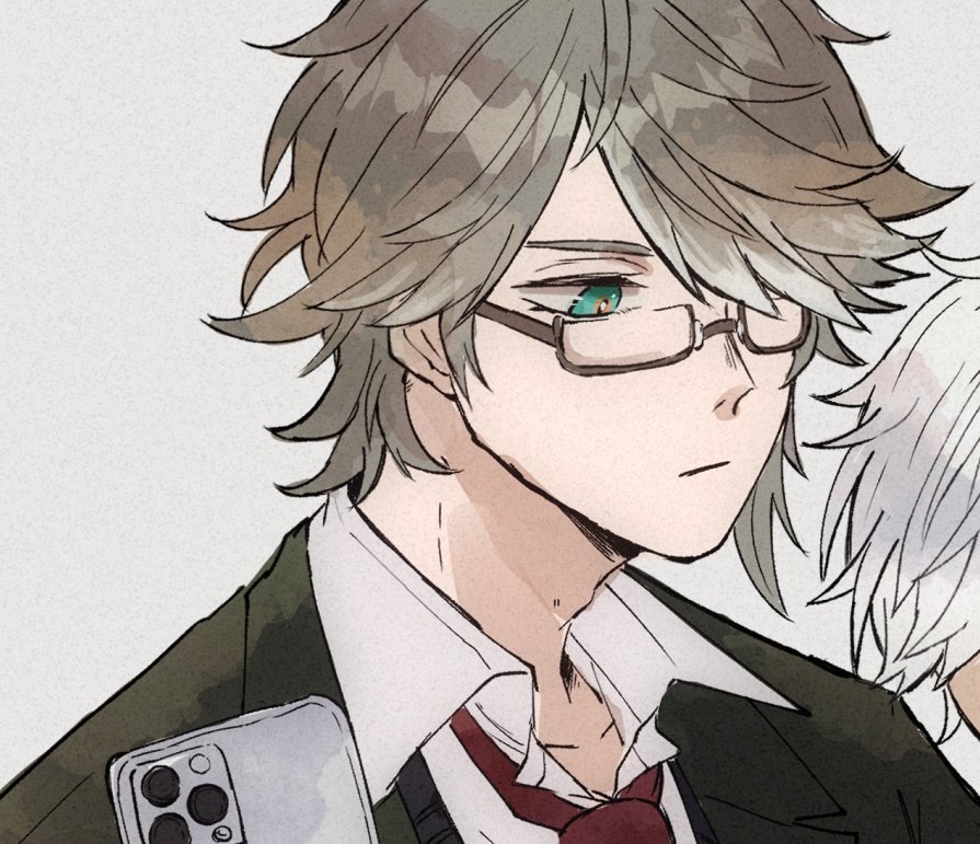 this is a closeup portrait of an anime boy. he has gray hair and is wearing glasses. he is wearing a black suit and a red tie, and is holding a phone. he looks serious.  the background is a closeup of a whitehaired anime character.