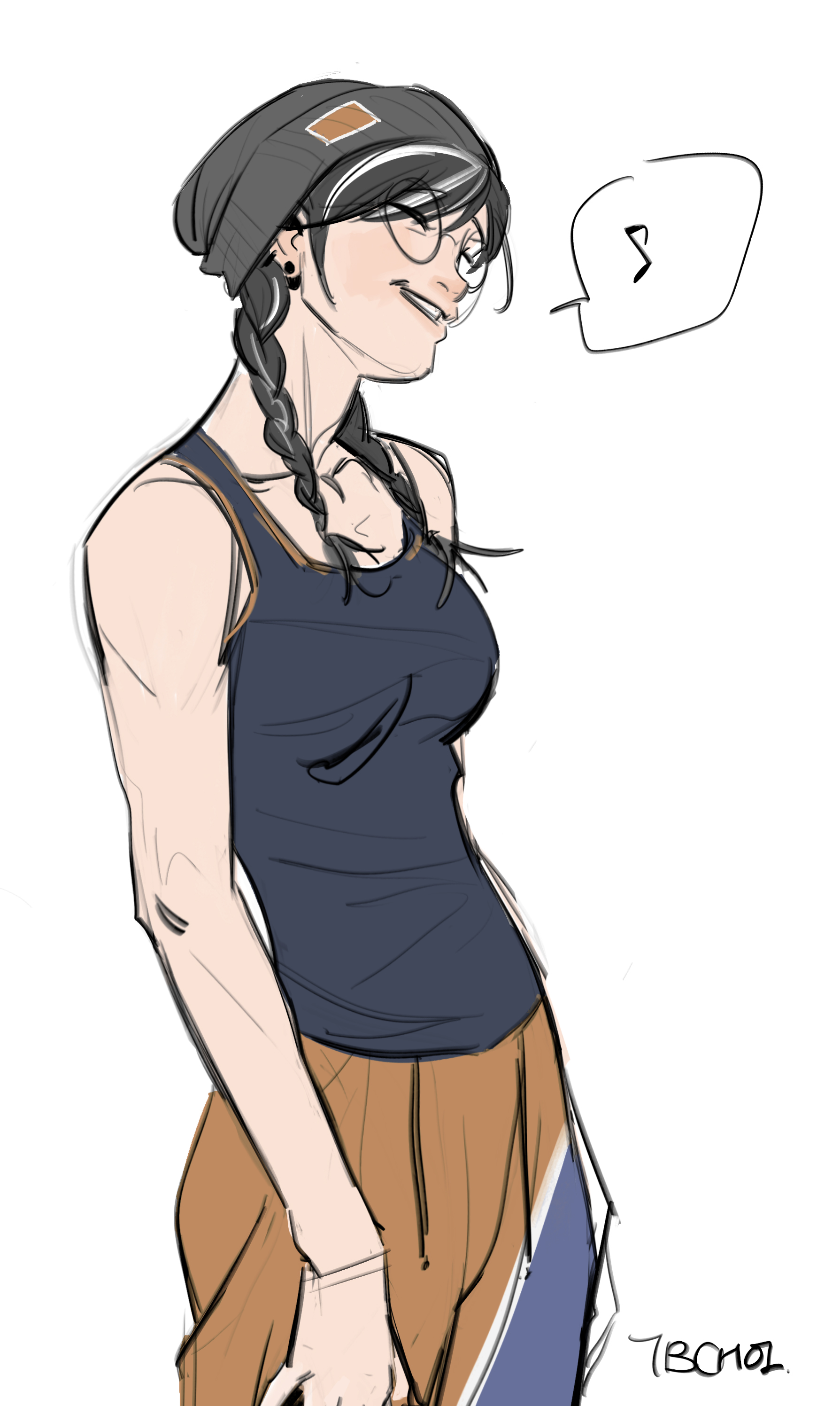 the image is a digital drawing or sketch of a young woman. she has light skin, dark hair styled in braids, and is wearing a dark beanie, glasses, a dark blue tank top, and light brown pants with darker blue accents. she has a relaxed, happy expression and is slightly angled, giving a side profile view. the style is reminiscent of anime or manga, with loose lines and a slightly rough texture. a small speech bubble with a question mark suggests she might be thinking or speaking. the overall mood is casual and friendly.