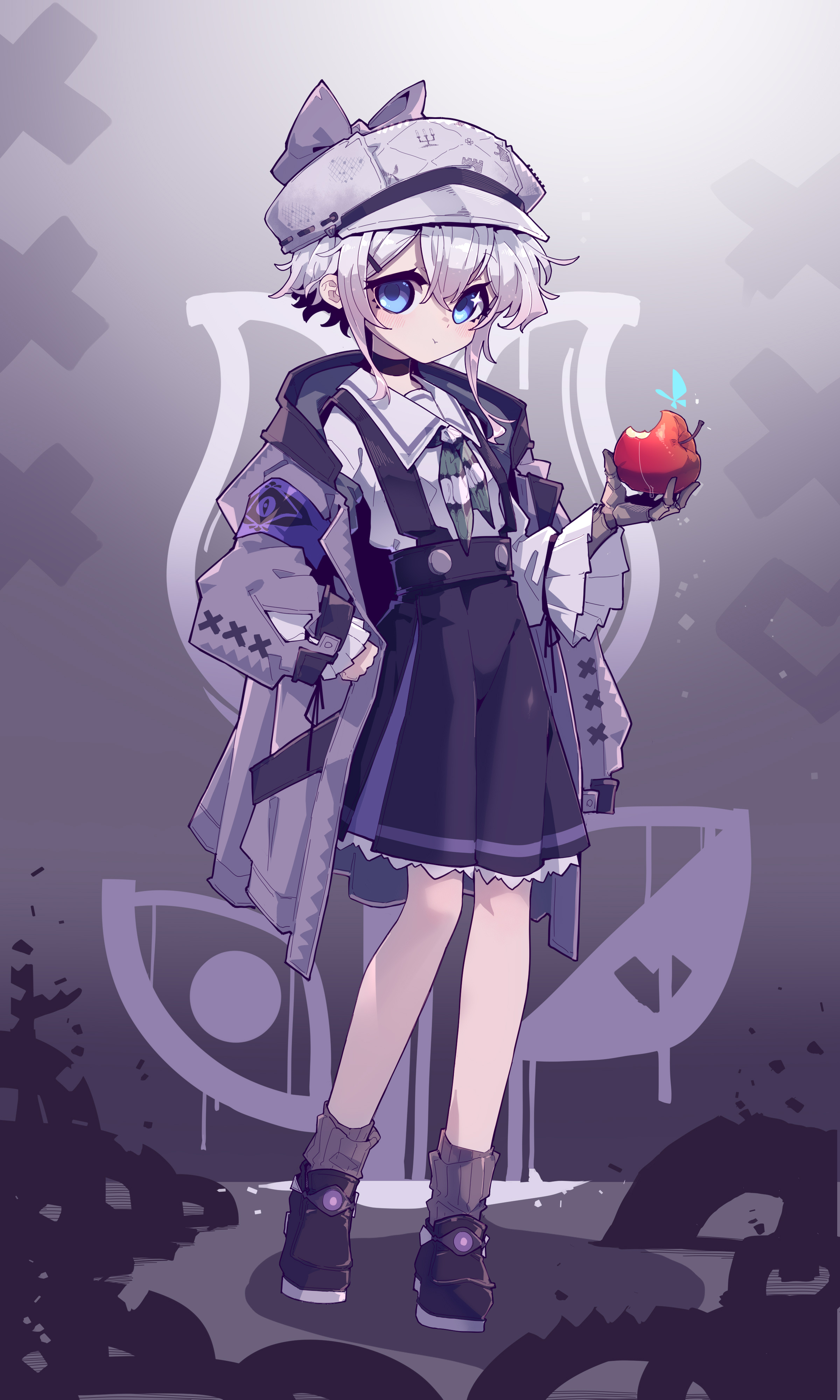 an anime girl with white hair and blue eyes is standing in front of a purple background. she is wearing a hat, a dress, a coat, and boots. she is holding a red apple in her right hand. a blue butterfly is sitting on the apple. she also has a choker around her neck and a collared shirt under her dress.