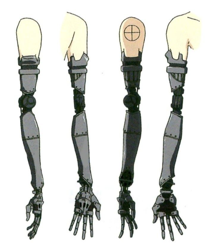 the image showcases a detailed drawing of four different views of prosthetic arms, designed with mechanical and robotic elements. they appear to be animestyle concept art or illustrations of cyborglike limbs with a metallic, gray finish.