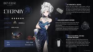 this is a character sheet for "eternity" from the video game "reverse: 1999." the sheet includes character information, such as her name, rarity, arcana, era, and date of birth. there is a full illustration of the character standing next to text blocks providing details about her being an immortal being and an arcanum shop owner. additionally, there is text about "tales, talk shows, and milk before bedtime." the image also contains graphic elements like icons representing arcana and other decorative illustrations related to the character's lore.
