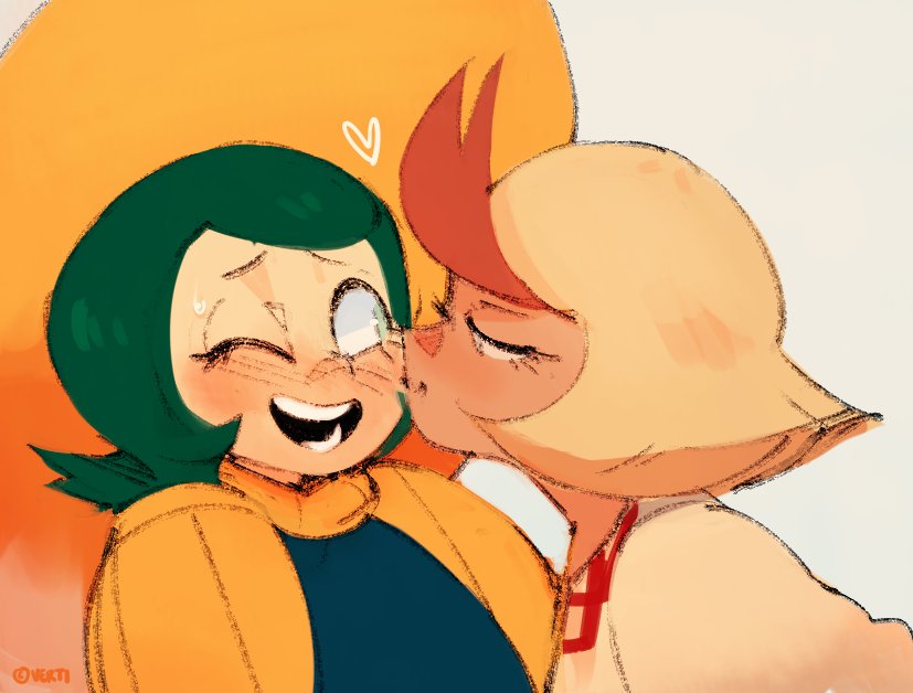 two girls, one in a yellow hat and the other with green hair, are hugging and kissing in a loving embrace. the girl in the hat is wearing a white shirt with a red design, while the girl with green hair is wearing a yellow sweater over a blue shirt. their expressions are filled with happiness and affection, suggesting a strong bond between them. the artwork is rendered in a cartoon style with bright colors and soft lines, giving it a cheerful and whimsical feel.