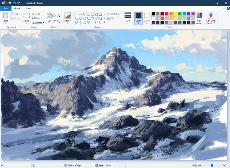 the image shows a digital painting of a snowy mountain landscape created in microsoft paint. the painting features snowcovered mountains, rocks, clouds in a blue sky, and the paint program interface including the toolbar and color palette is visible.