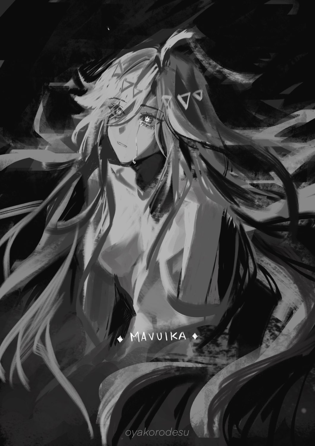 this is a black and white digital art illustration of an anime girl with long flowing hair, crying. she appears sad and alone, and the artwork is quite emotional. the background is abstract and adds to the somber mood of the illustration.