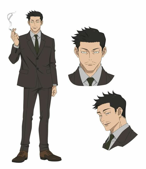 this is an illustration of a man in a suit. he is depicted in three different views: a full body shot, a bust shot, and a closeup of his head. the full body shot shows him standing in a suit with a tie and holding a cigarette in his left hand. the bust shot shows him from the chest up, and the closeup shows his face and hair. he is looking directly at the viewer in the full body shot and bust shot. the closeup shot shows him looking to the side. he has black hair, brown eyes, and a serious expression. he is wearing a black suit, white shirt, and a darkcolored tie. the background of the illustration is a solid white. the art style is clean and modern. the colors are bright and vibrant. the illustration is welldrawn and attentiongrabbing.