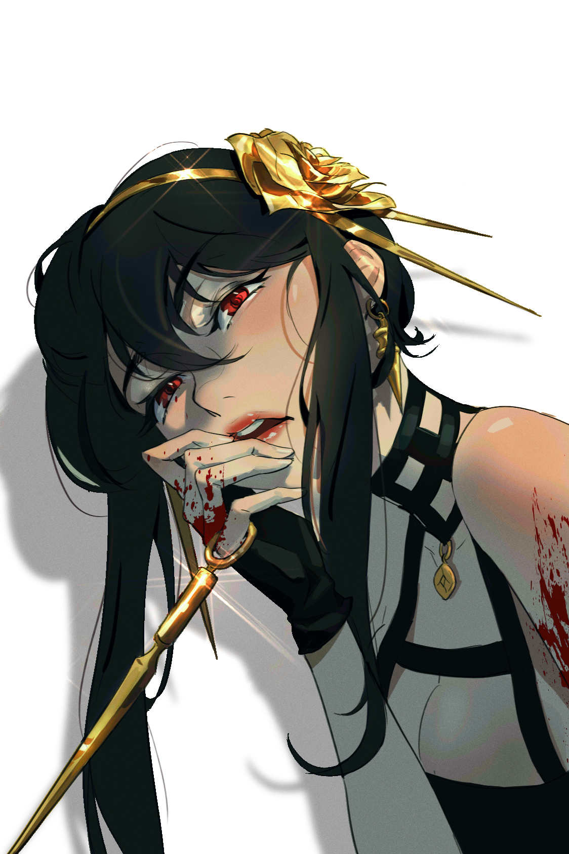 an anime girl with long black hair and red eyes is depicted with a bloody knife in her hand. she has a  golden crownlike headpiece with  a rose on top,  golden earrings, and a black and white striped choker. her clothes are white and black and there is blood on her arm. her  expression is unsettling as she  looks at the viewer. the background is a  white.  the image is drawn in a vibrant,  anime style.