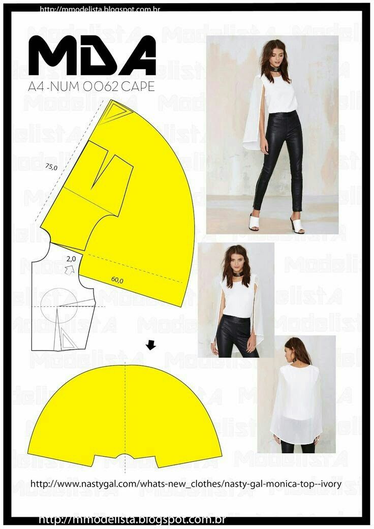 this image shows a sewing pattern for a capestyle top. there are several images of a woman wearing the finished garment, which is a white top with an attached cape that drapes over the shoulders. the pattern pieces are shown in yellow with dimensions and construction details. the text at the bottom includes urls related to the design and source.