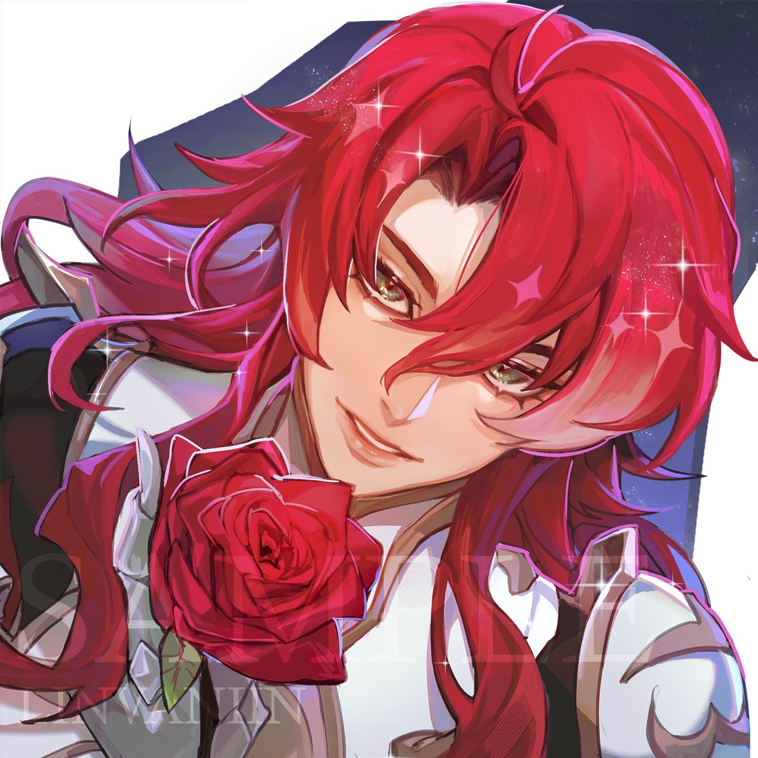 the image is a vibrant and detailed digital fan art piece depicting a male character seemingly inspired by the style of genshin impact.  he possesses long, flowing crimson hair with sparkles embedded throughout, and is wearing elegant, stylized white and dark clothing with hints of armor detailing.  he holds a single, large, deep red rose. the character's expression is a gentle, almost flirtatious smile, his eyes are a striking green, and his overall demeanor conveys a romantic and somewhat mysterious aura. the background is softly rendered with a dark bluepurple hue, making the character and the rose pop. the artistic style is characterized by smooth shading, detailed hair, and a polished finish.