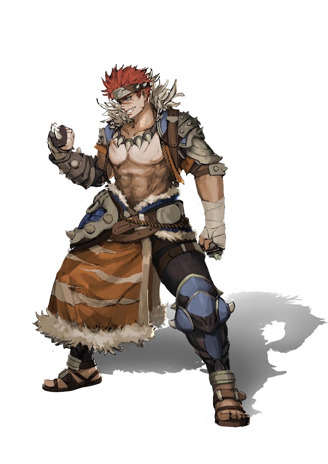 this is a digital illustration of a male warrior in a fantasy setting. he has red hair, fur armor, and a weapon. he is holding a fist up in the air.
