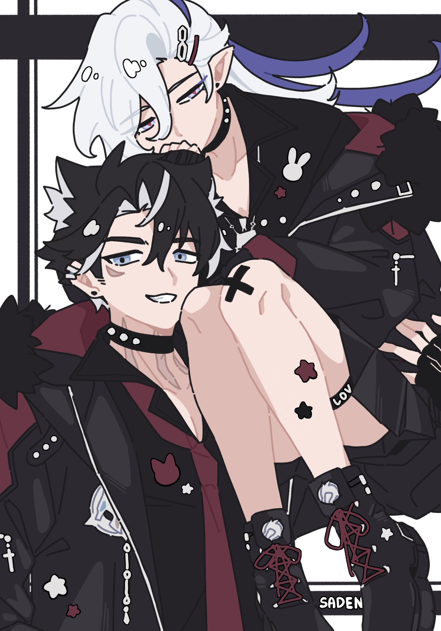 the image is a digital fanart depicting two animestyle boys in a close, affectionate embrace.  the boy on top has long, white hair with purple streaks, and the boy underneath has black hair with some white highlights. both are dressed in dark, punkinspired clothing, including black leather jackets and boots.  they have various accessories such as chokers and studs on their jackets. the boy on top is holding the other close, and both appear to be very comfortable with each other. the style is reminiscent of bl or yaoi art, hinting at a romantic relationship.  the overall aesthetic is dark, with a strong gothic/punk influence. the background is simple, a black and white grid pattern, putting emphasis on the two characters.  there are small details like tattoos (a cross and stars) visible on the upper boy’s legs.