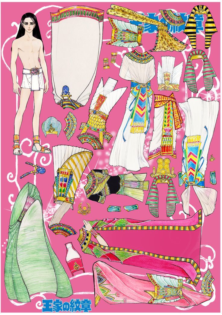 the image shows a paper doll of an ancient egyptian pharaoh, along with various outfits and accessories. the figure is male, wearing a simple white skirt and sandals. the outfits include different robes, headdresses, collars, and jewelry, all in traditional egyptian styles. there's also a depiction of a tomb or sarcophagus. the background is pink.