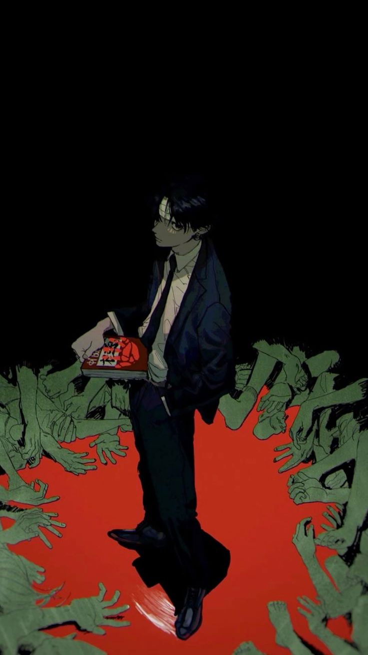 a digital art image of an anime man in a suit holding a book, surrounded by reaching hands against a dark background. the color palette is dominated by red and black. the overall atmosphere is eerie and suggestive of supernatural or undead themes.