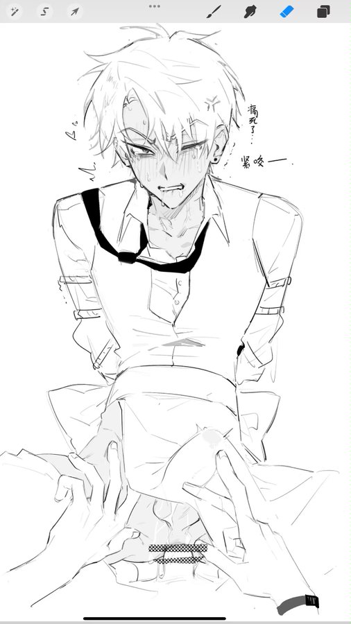 this is a monochrome drawing of two anime boys. the boy on top is blushing while