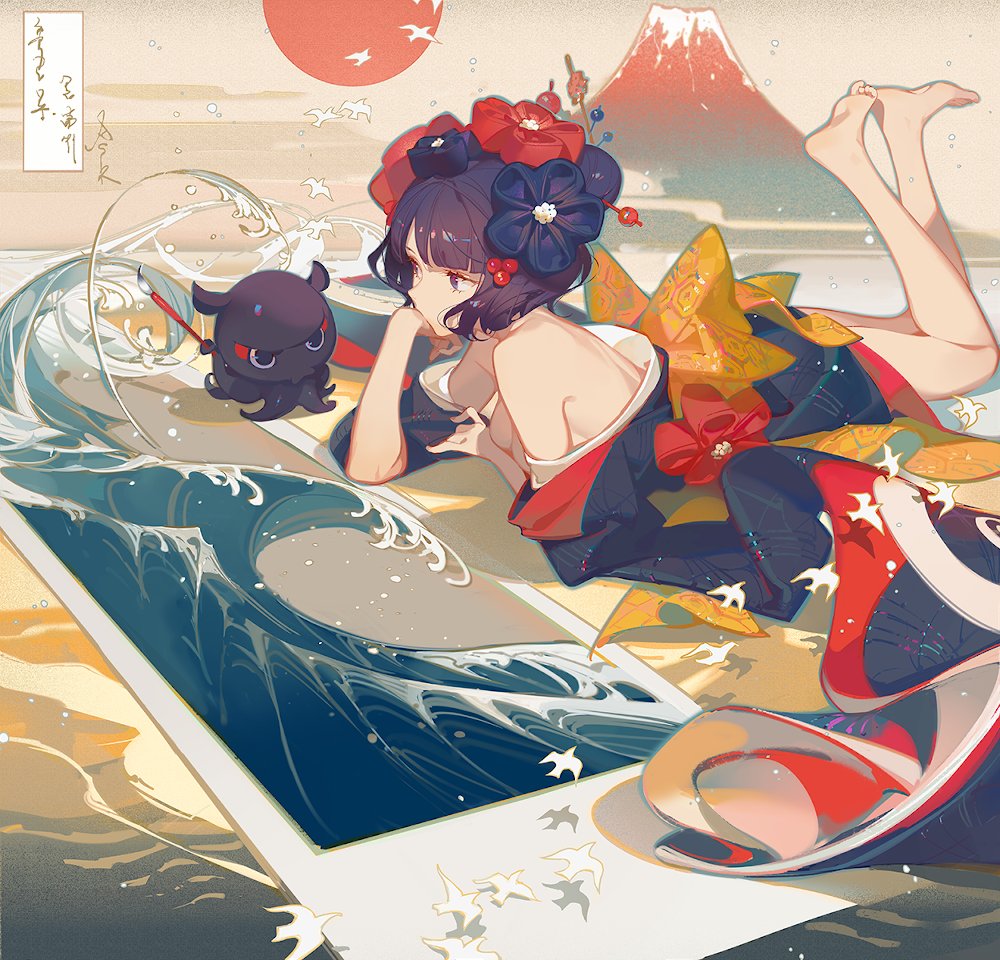 an animestyle image shows a woman with purple hair and flowers in her hair, wearing a kimono, lying on a surface with ocean waves and a black creature, with mount fuji and a sun in the background and birds flying around.