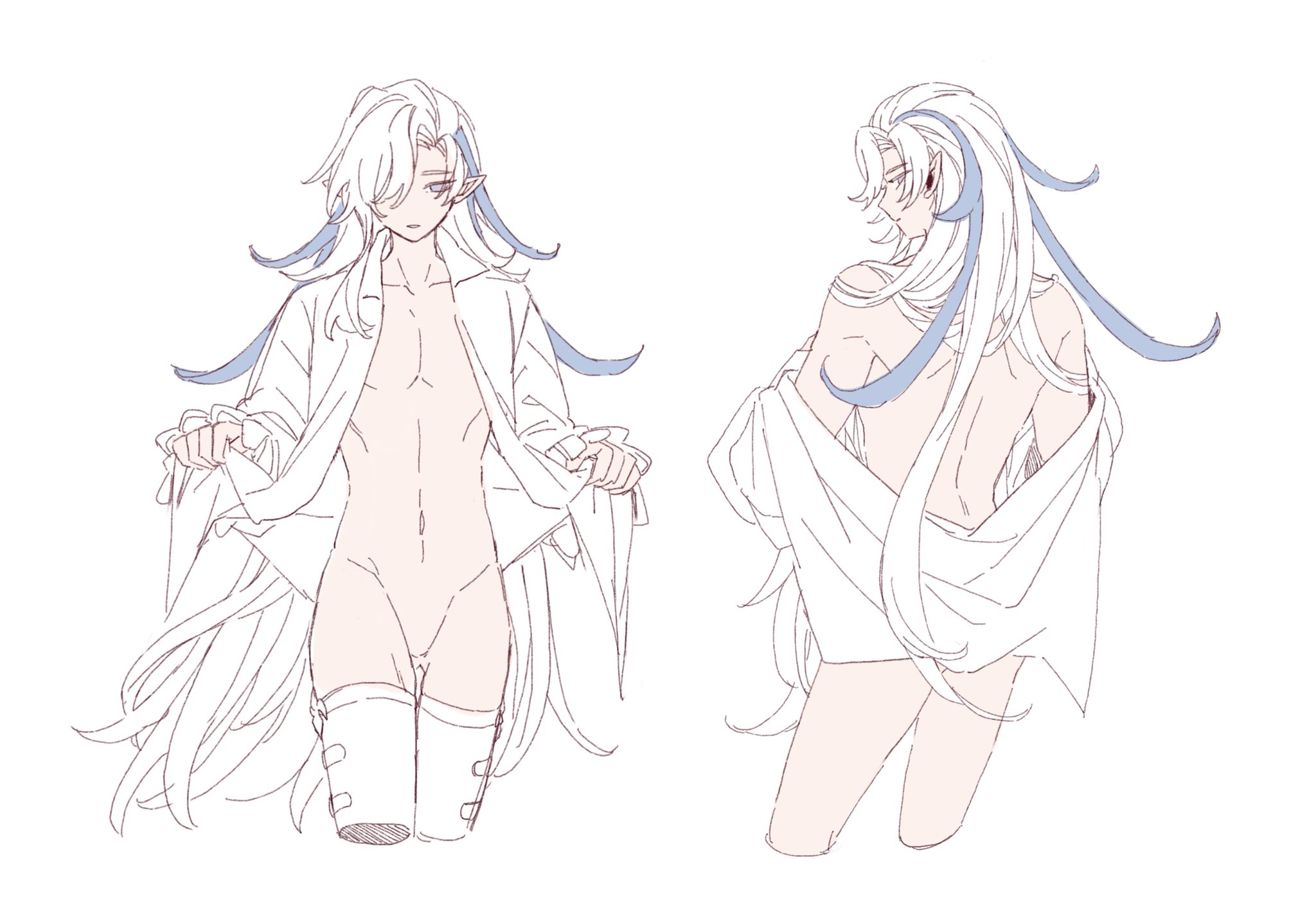 the image contains a sketch of an animestyle male character with long white hair and blue accents. the character is depicted in two poses: one facing the viewer, partially undressed, and the other with their back turned, also partially undressed. the character is slender with a somewhat androgynous appearance. the style is loose and suggestive of a quick sketch. the background is plain white.