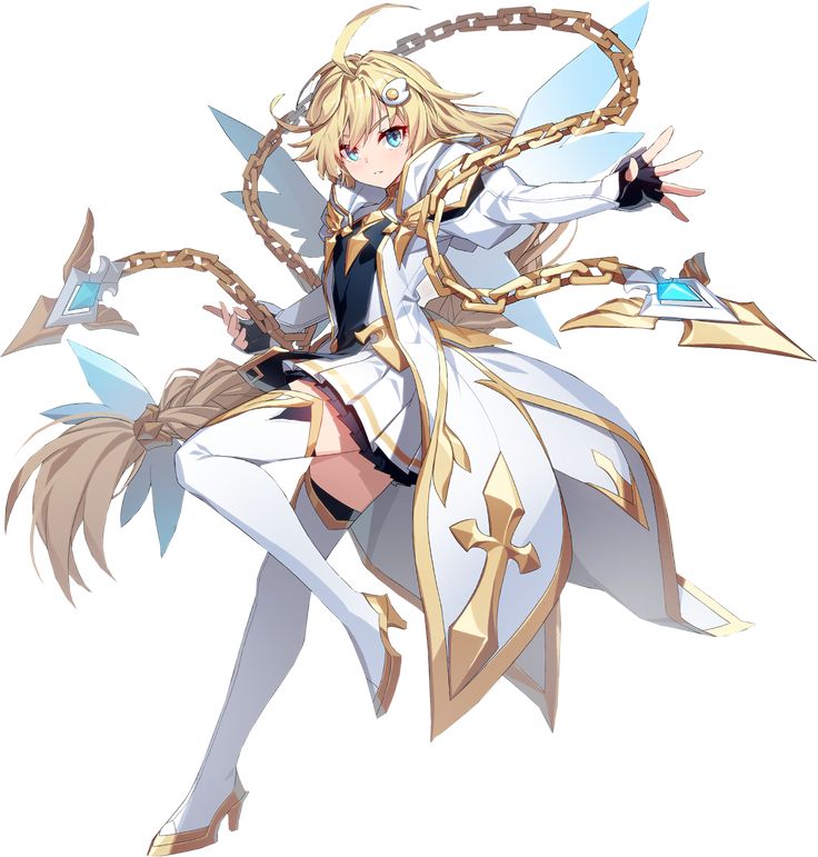 the image is an animestyle illustration of a young girl with long blonde hair and blue eyes. she is wearing a white dress with gold accents and a large golden chain wrapped around her arm and extending out behind her in a loop. she is also wearing white boots with gold heels. she has wings on her back that are semitransparent and blue, and she is holding two weapons that are attached to her chains. her expression is serious and focused as she poses with one foot raised off the ground.  the image is drawn in a vibrant style and suggests a scene of combat or action.