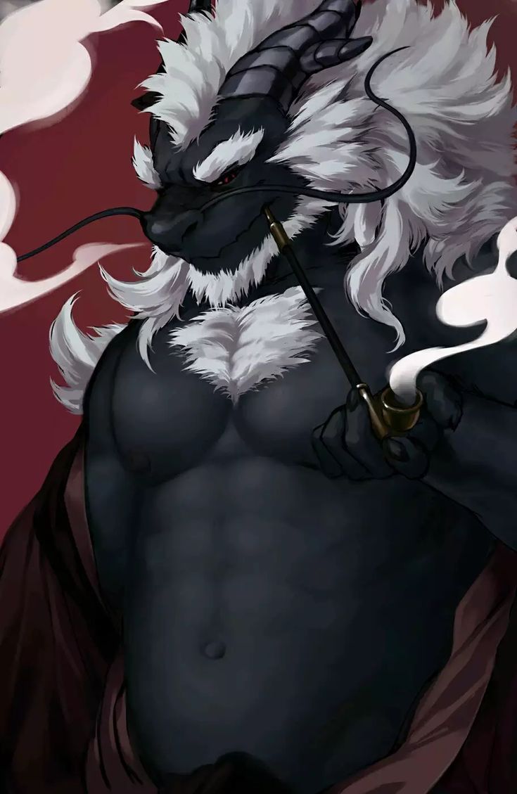 this is a digital illustration of an anthro dragon with black and white fur, smoking a pipe. he is looking down to the side. the dragon has a muscular chest and abs that can be seen. the background is a red color and the smoke is a white/gray color.