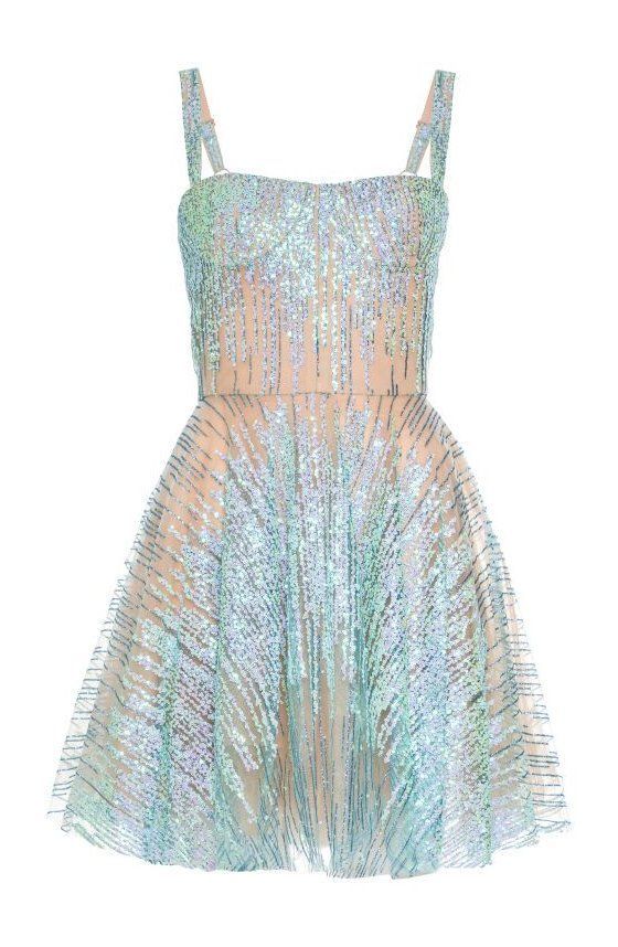 a short, sleeveless cocktail dress is shown against a plain white background. the dress has a nudecolored lining covered in a light blue sequin pattern. the bodice has a fitted, bustierlike shape with straps, and the skirt flares out in an aline shape. the sequins are arranged in vertical lines on the bodice and in a radiating pattern on the skirt.