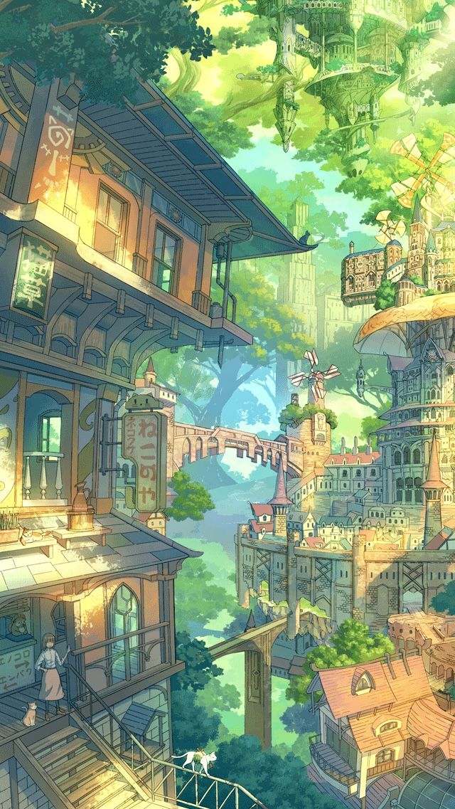 the image depicts a vibrant and detailed fantasy cityscape in an anime style. buildings with unique architecture are nestled among lush trees and greenery. bridges connect various structures, and windmills add to the whimsical atmosphere. a woman stands on the stairs of a building, accompanied by a cat, and another cat is seen on a railing. sunlight filters through the scene, creating a bright and enchanting ambiance. in the background, upsidedown buildings appear to be floating among the trees.