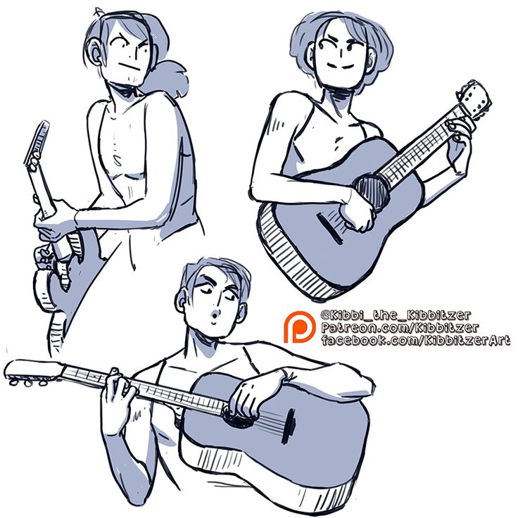 this image shows a cartoon illustration of three characters playing acoustic guitars. the first character is a man with short hair playing an electric guitar, while the second character is a woman with long hair playing an acoustic guitar, and the third character is a man with short hair playing an acoustic guitar. the image is drawn in a cartoon style with black lines and blue shades. the characters are all facing forward and looking at the viewer. the image is set against a white background. the characters are drawn with details like a slight smile, and open mouths, with lines on their face as if they are singing and looking into the guitar. the artist's signature and social media links are added at the bottom right corner.