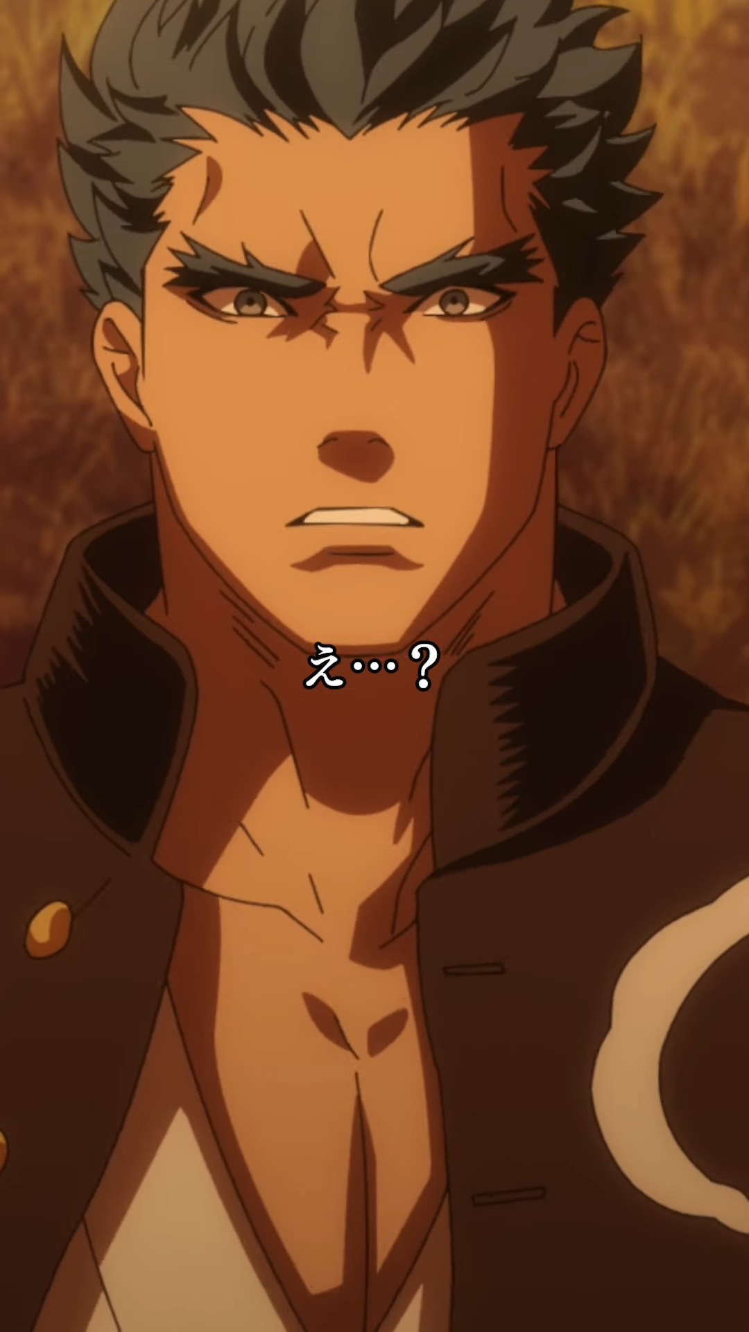a closeup of an adult male anime character with short dark hair and a muscular build. he has a surprised or shocked expression on his face, with narrowed eyebrows and wide eyes. he is wearing a dark jacket with a white collar and a circular emblem. the background is a warm, golden color.