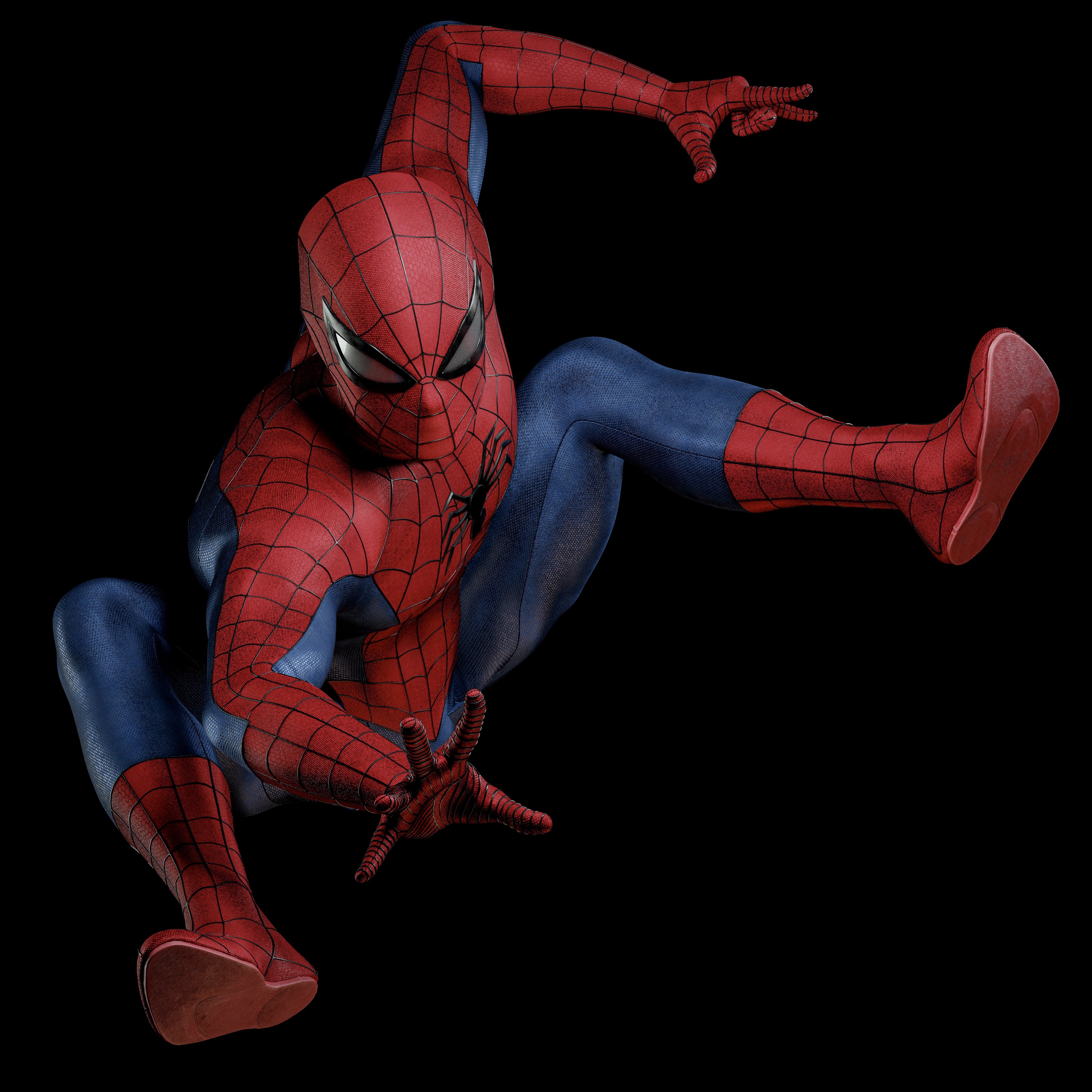 a digital illustration of spiderman in a dynamic pose.  he is wearing his red and blue costume, complete with a mask, and is striking a pose with his arms and legs extended. he is set against a black background. the illustration appears to be a 3d render of the character.