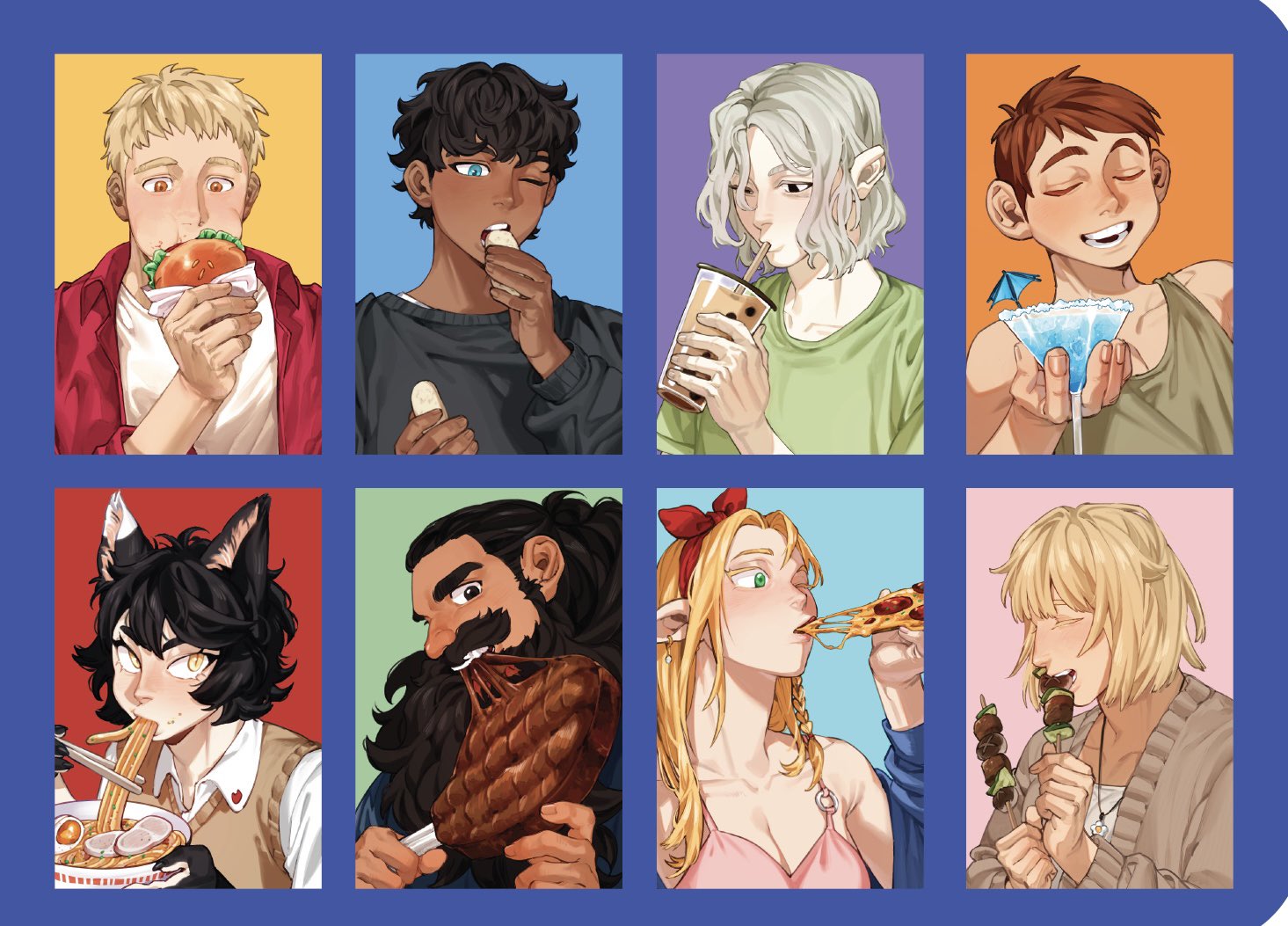 this is an animestyle illustration of eight different characters, in a grid of three columns and three rows. each character is in a square frame with a simple background color and is eating or drinking different foods and drinks. the characters all have distinct designs and expressions, adding a touch of personality to the artwork. the illustration overall conveys a cheerful and vibrant feeling.