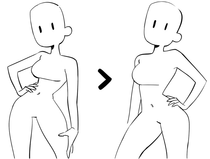 this image shows two outline drawings of a female figure in different poses, with an arrow pointing from the left one to the right one. the left one is posing with one hand on her hip and the other extended towards the viewer. the right one is posing with one hand on her hip and the other raised up and bent at the elbow. both figures are missing features and details, making them useful for artists who want to practice drawing the human figure.