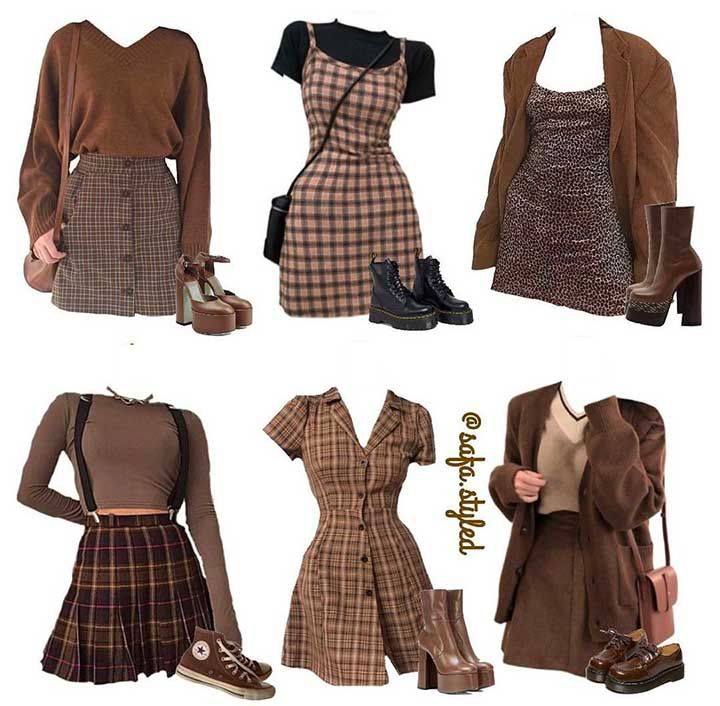 six different brownthemed outfits for women are displayed on headless mannequins against a plain white background. the outfits primarily consist of various combinations of brown dresses, skirts, sweaters, blazers, and shoes. the overall aesthetic is vintage and trendy.