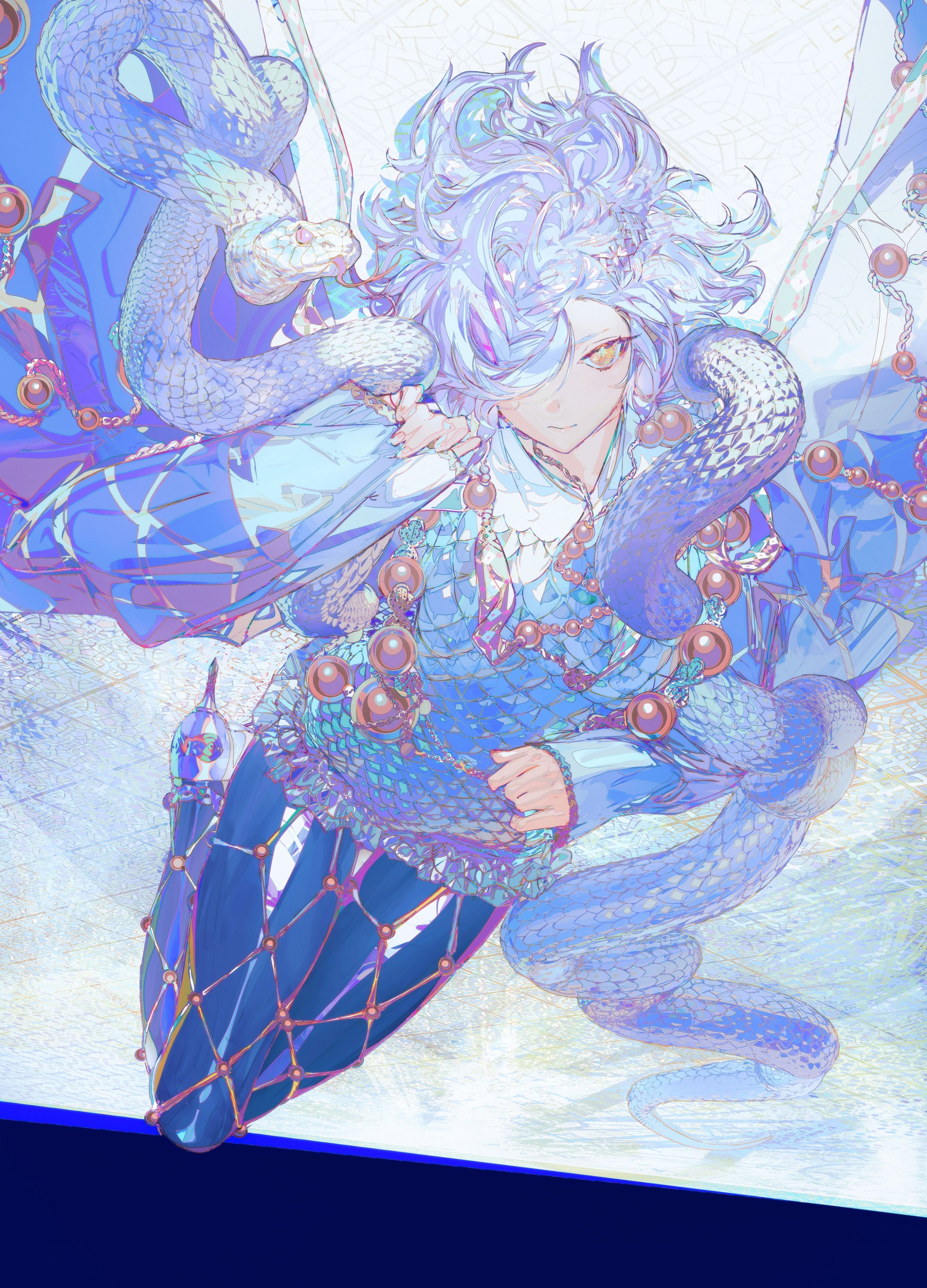 the image is a digital painting or illustration in the style of anime or manga. it depicts a young woman with long, wavy purple hair. she's dressed in an elaborate, flowing outfit predominantly in shades of light blue and pastel purple, adorned with intricate details and what looks like a pearl necklace.  a large, light blue snake or serpent is intertwined with her clothing and body, adding to the mystical and ethereal ambiance. the overall style is fantasybased, with delicate linework and soft, shimmering colors creating a dreamlike quality. the background is a hazy wash of pale colors, drawing focus to the character.  the character has a serene, slightly melancholic expression. the artistic style is highly stylized and detailed, showcasing skill in rendering fabric and light.
