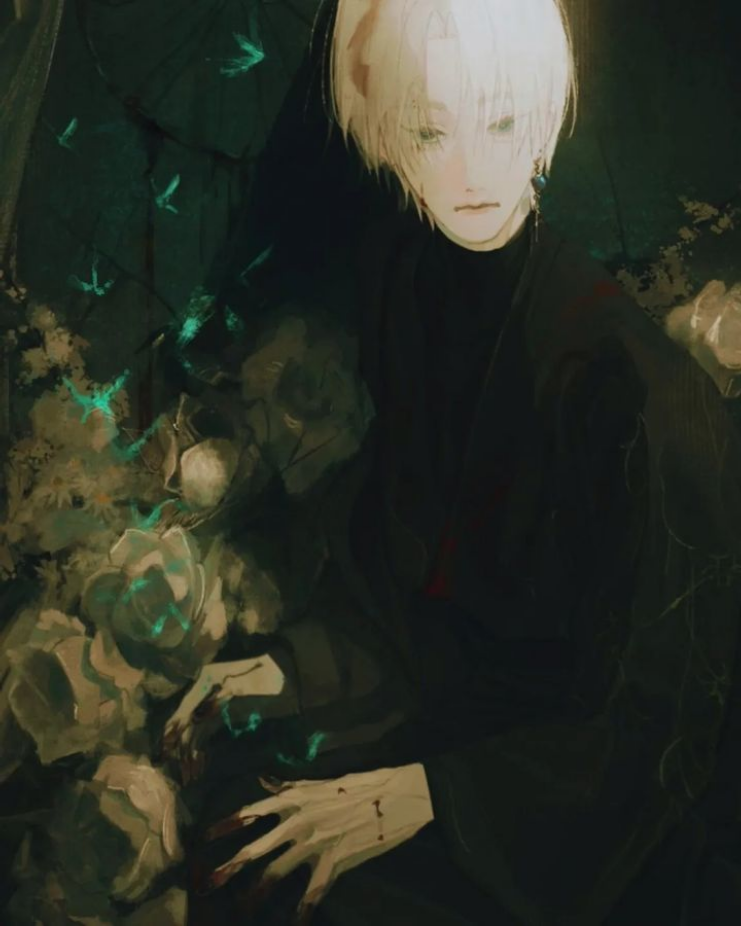 a young anime boy with white hair and black clothing stands in a dark and mysterious garden.  he appears to be covered in blood and is surrounded by green flowers.  the scene is surreal and fantasylike.  the boy's face is expressionless, but his hand is outstretched towards the viewer.