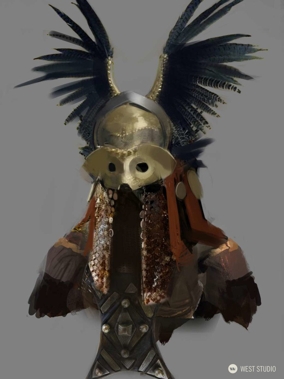 a digital painting showcases a detailed design of an ornate warrior helmet inspired by ancient aesthetics. the helmet, crafted from bronze or a similar metal, features an imposing design with large, outstretched eagle wings. it includes a masklike face covering with large eye holes and intricate detailing. the helmet is adorned with feathers and a chainmaillike fabric draped beneath it. the artwork is set against a neutral gray background, emphasizing the helmet's design.