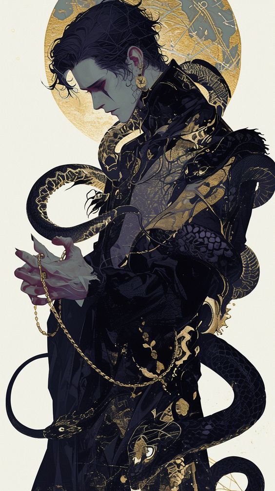 a man with dark hair and black clothing looks down while adorned with gold jewelry and chains. he is surrounded by snakes and serpent. the image is a fantasy illustration.