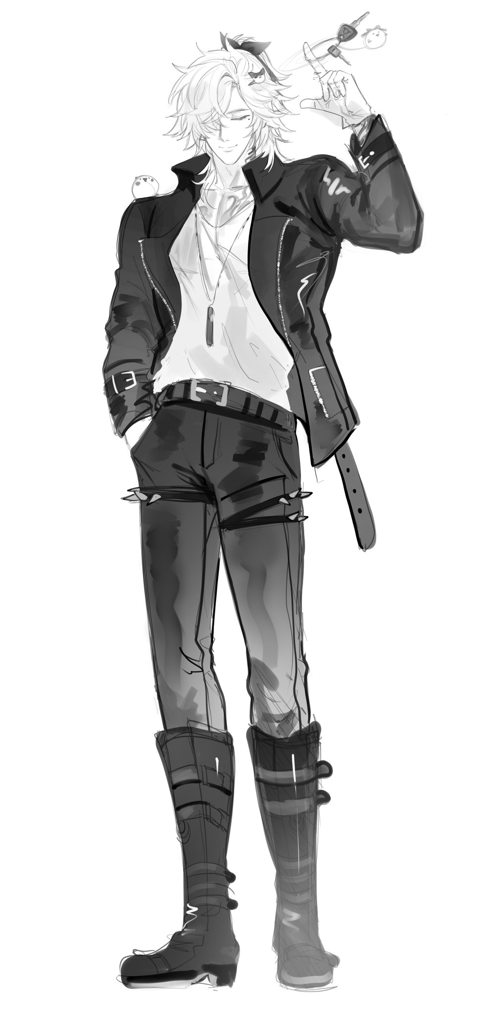 a monochrome illustration of an anime boy with spiky white hair, wearing a black leather jacket and blue jeans. he is looking down at the floor with a relaxed pose. he has a thoughtful expression on his face.  the boy is drawn in a digital style, with soft shading and a slightly rough linework. the drawing has a cool and stylish vibe, emphasizing the boy's casual fashion and attitude.